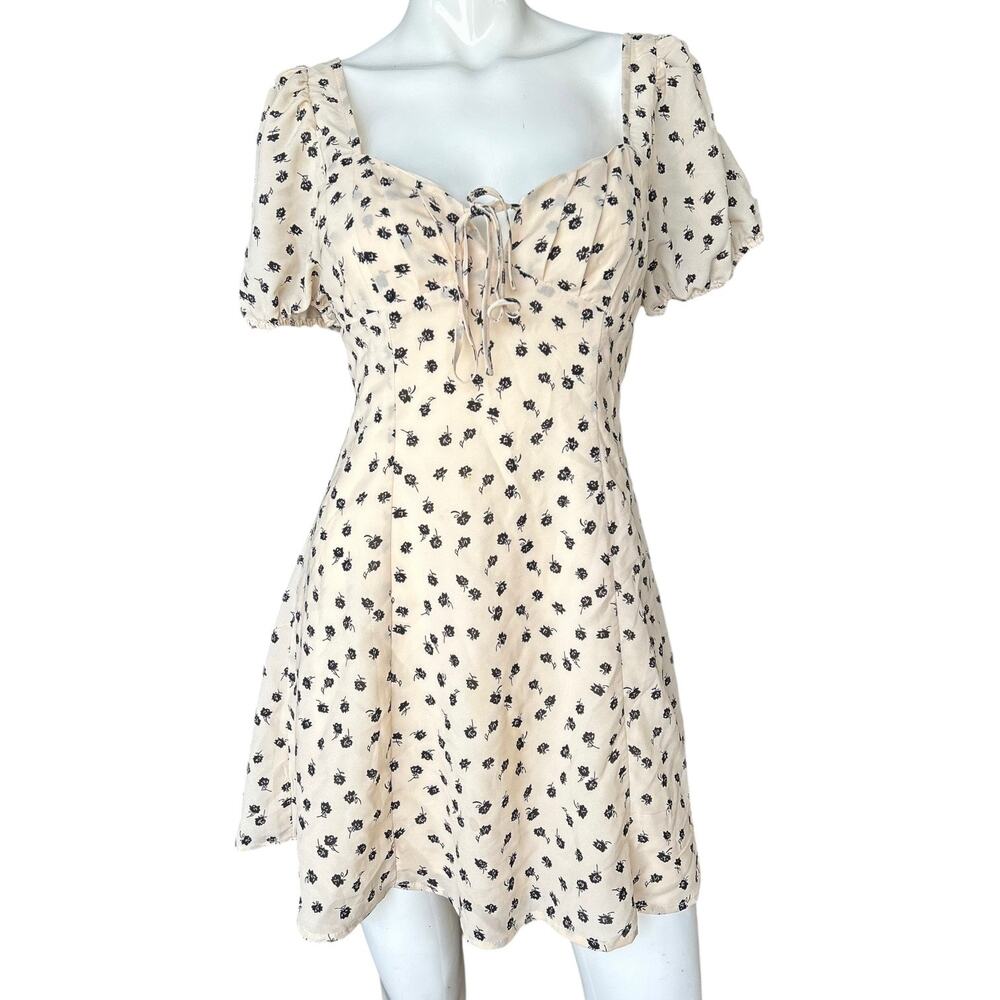 French Kiss Cream Floral Mini Dress Puff Sleeve Tie Front Size M